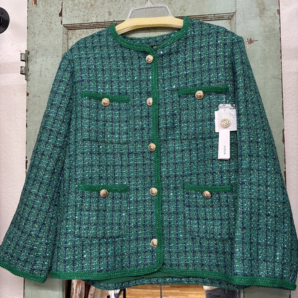 Aqua Green Tweed Blazer Gold Buttons XL
